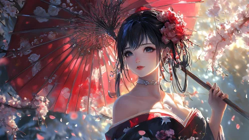 Backlit kimono portrait with floral parasol and bokeh scattering