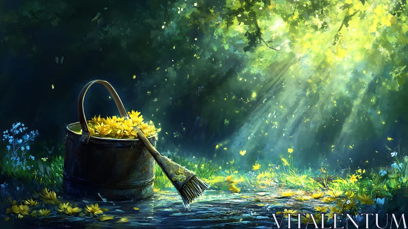Bucket of yellow flowers in forest clearing under light rays.