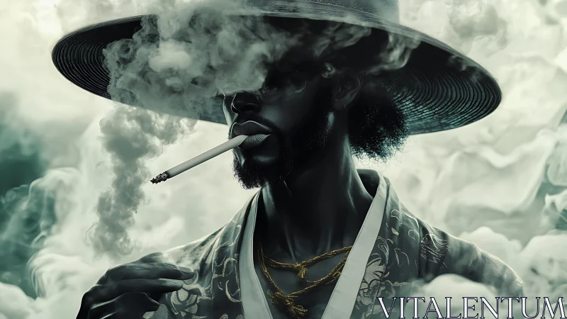 Smoky samurai portrait with wide hat and stylized lighting.
