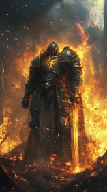 Flameforged knight standing amid infernal battlefield blaze.