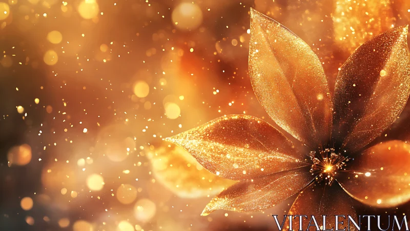 Golden bokeh flower glows amid suspended glitter dust.