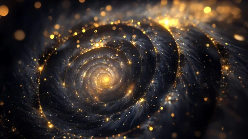 Golden spiral galaxy with glowing dust in deep space.