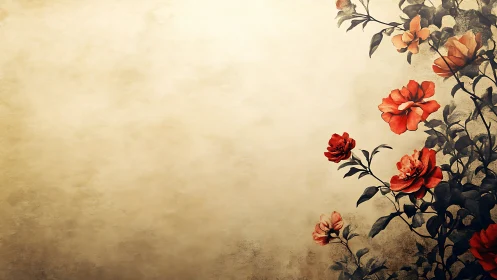 Floral side border with red roses on textured beige ground