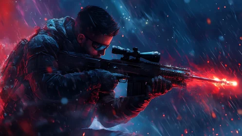 Crimson Sniper: Neon Precision in the Storm.