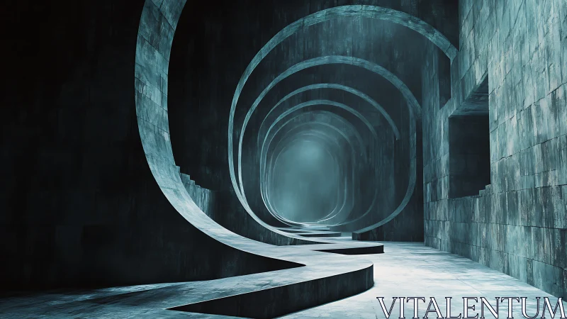 Spiral Tunnel Architecture in Teal Concrete Space.