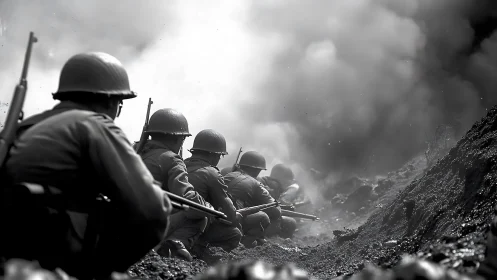 Helmets in the ash storm, soldiers swallowed by rising smoke.