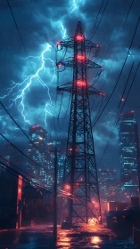 Storm-lit power tower dominates a neon-soaked cyber city
