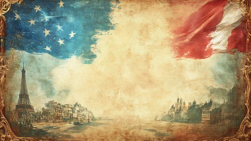 Vintage Franco-American skyline under merged flags.