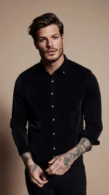 Tattooed man in black shirt poses against neutral studio background.