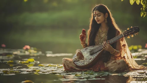 Riverborn raga as serene goddess strums a floral lute.