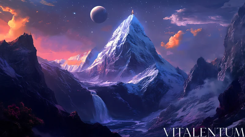 Starlit pinnacle and cosmic waterfall in violet dusk realm.