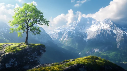 Solitary green tree on rocky cliff before snowy mountains.