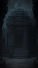 Stone temple entrance in low light within rocky cavern.