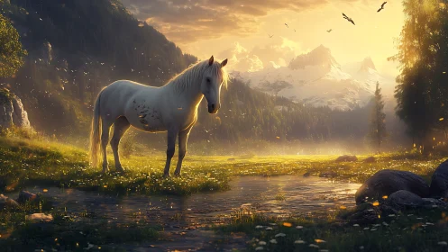 Golden valley daydream with a quiet white horse at rest.