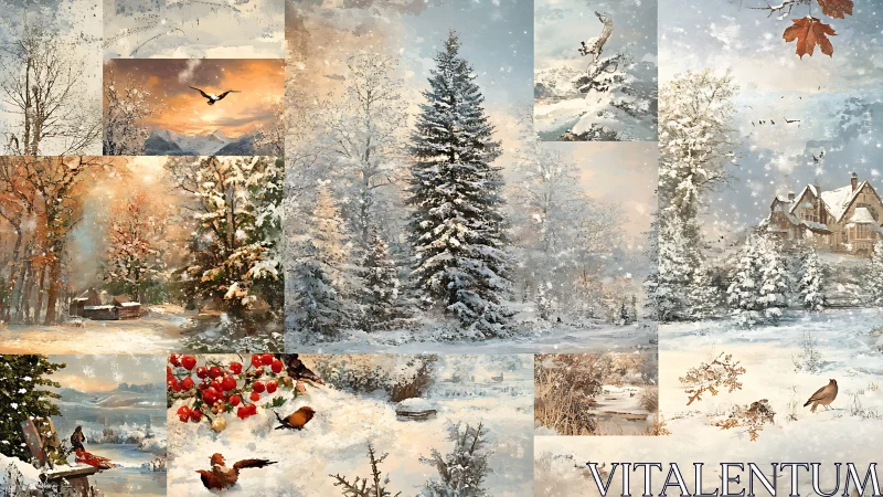 Snowy winter collage with cozy woods, birds, and cottages.
