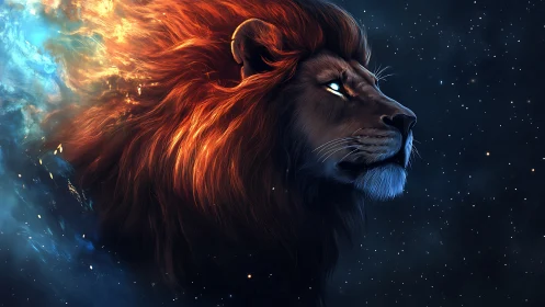Majestic cosmic lion glowing softly in the night sky.