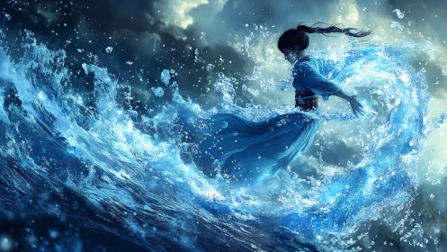 Stormlit water dancer bends an ocean into swirling grace