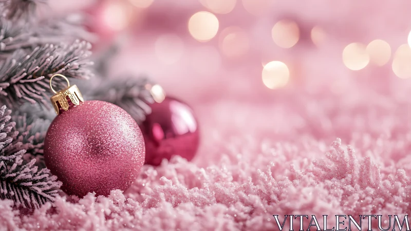 Pink glitter bauble lies on frosted branches under soft bokeh