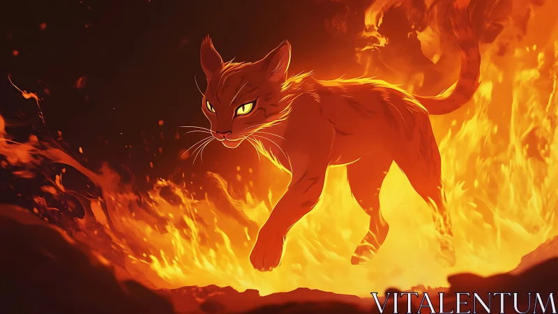 Emberstride wildcat leaping fearless through molten firestorm.