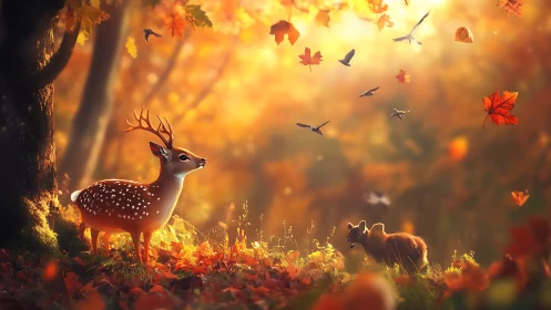 Deer and fox in glowing autumn forest clearing at dusk.