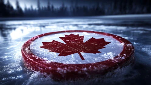 Maple leaf puck glows on frozen Canadian twilight rink.