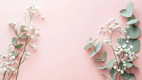 Delicate White Flowers and Eucalyptus Leaves on Soft Pink Background