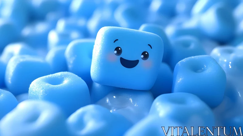 Blue cubic character surrounded by foam spheres.