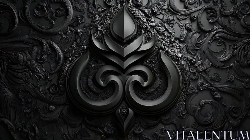 Glossy black ornamental emblem with intricate baroque relief