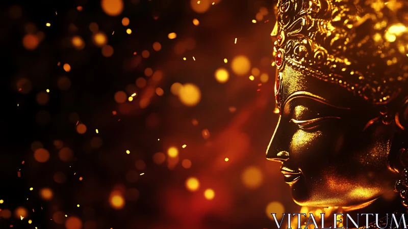 Golden deity portrait glows gently in warm floating lights