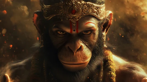 Simian deity figure with ornate crown in warm light.