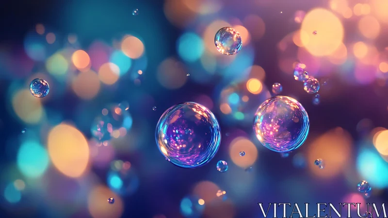 Suspended soap bubbles with colored bokeh light field background.