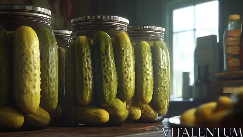 Sunlit jars of pickles quietly waiting on a cozy shelf.