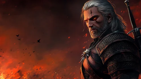 White-haired warrior studies burning battlefield horizon