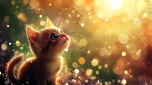 Luminous Ginger Cat Gazing Upward Through Golden Light Particles.
