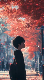 Gentle autumn stroll wraps a quiet teen in falling red leaves