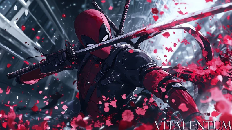 Red masked swordsman in urban battle with flying petals.