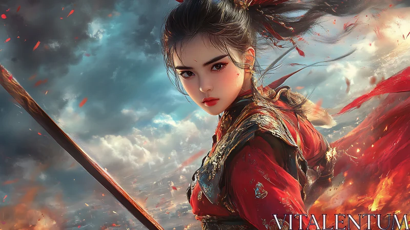 Warrior heroine turns toward battle amid burning skies.
