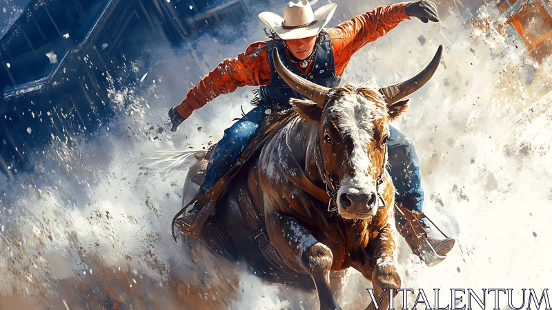 Cowboy riding bull through dust and debris burst.