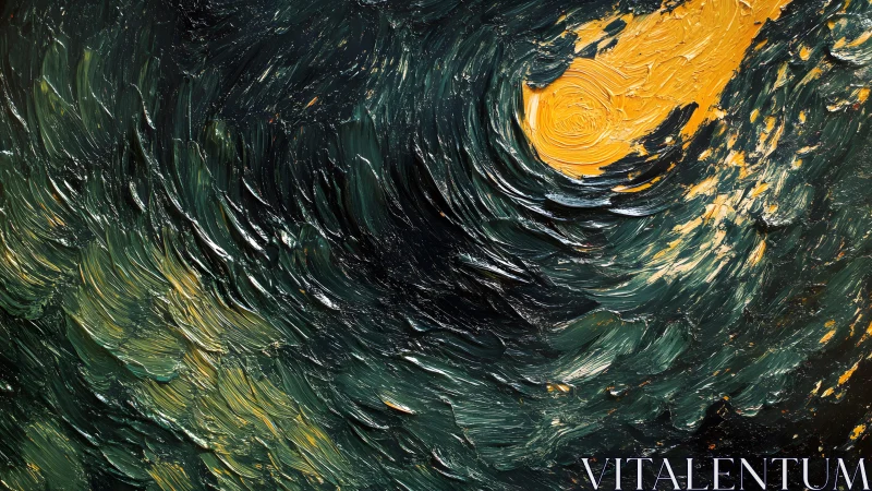 Abstract swirling oil painting with dark green and yellow highlights.