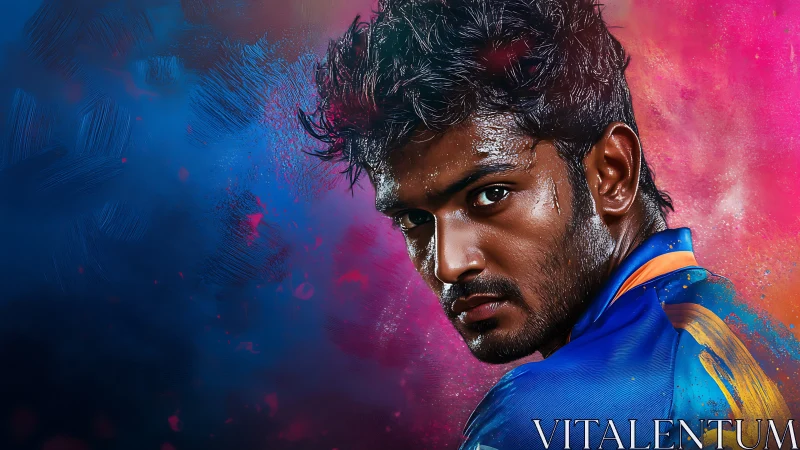 Hyperreal athletic portrait with dual-tone neon paint clouds