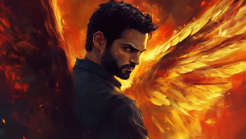 Dark-winged fallen angel turns toward viewer amid fire