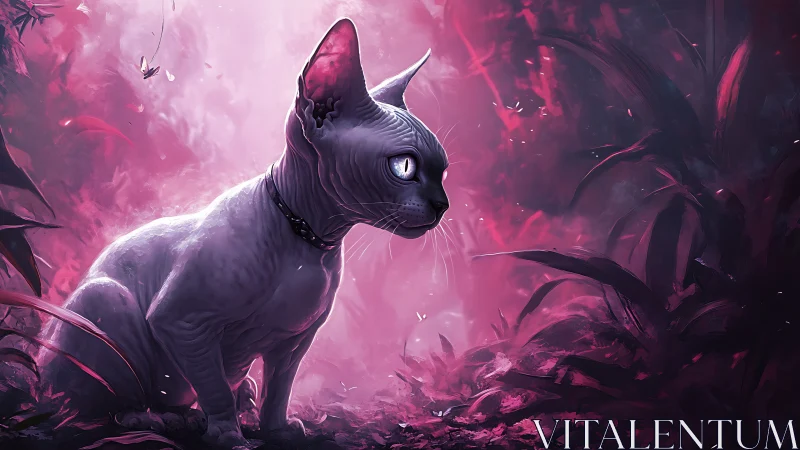 Ethereal Black Feline with Luminescent Eyes in Magenta Fog