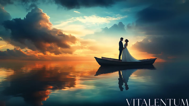 Romantic wedding couple on boat at glowing sunset horizon.