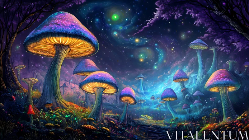 Glowing forest mushrooms invite a dreamy walk under starlight