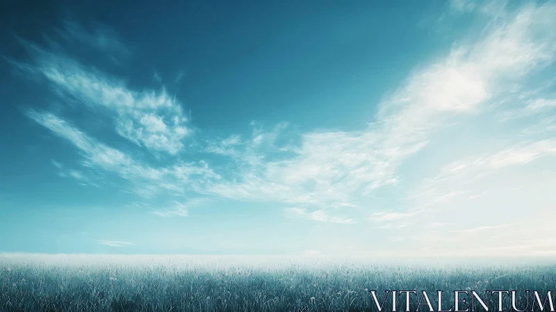 Soft blue sky over a peaceful misty meadow at sunrise.