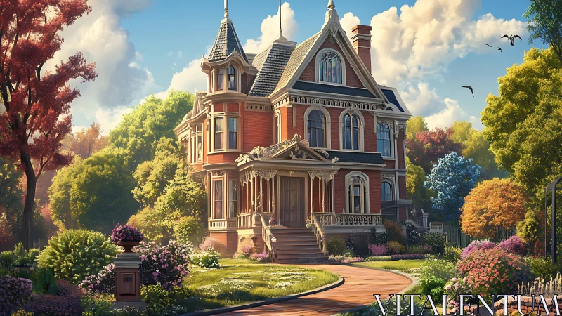 Sunlit Victorian brick home nestled in lush joyous gardens.