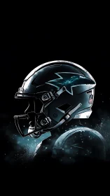 Electric teal football helmet profile in cinematic glow.