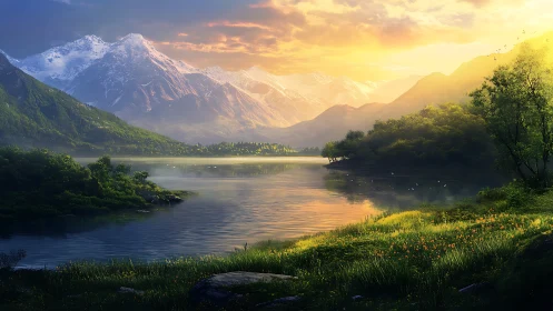 Sunlit alpine lake with snowcapped mountain range at dusk