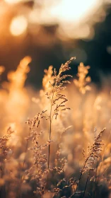 Backlit tall grass stems in shallow focus at sunset field.