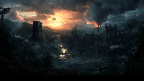 Ruined cityscape under burning sunset and erupting volcano